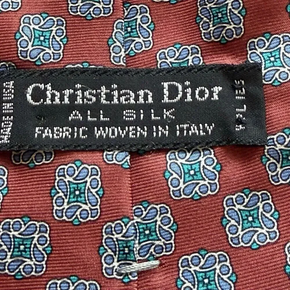 Christian Dior Silk Tie Red Blue Geometric Medallion Made USA Italy Classic 3.5